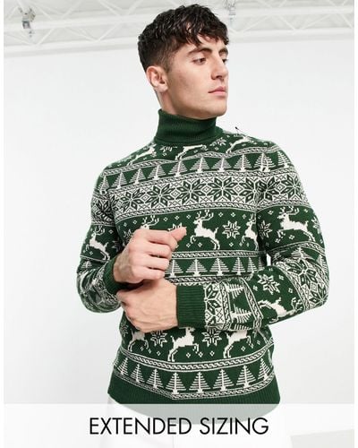 ASOS Knitted Christmas Sweater With Fairilse Stag - Green