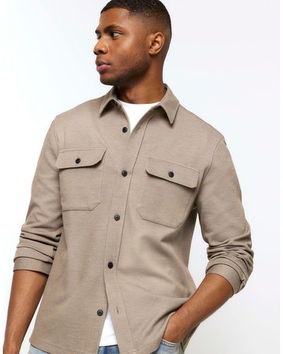 River Island Regular Fit Pocket Jersey Overshirt - Brown