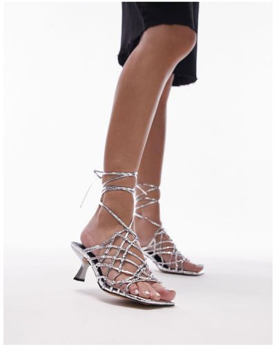 TOPSHOP Ariel Caged Mid Heel Sandal With Ankle Tie - White