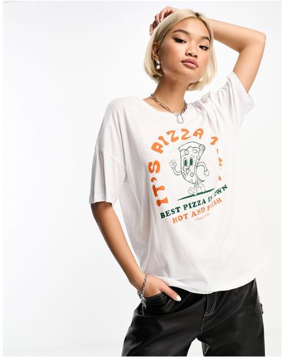Noisy May Oversized T-shirt With Pizza Print - White