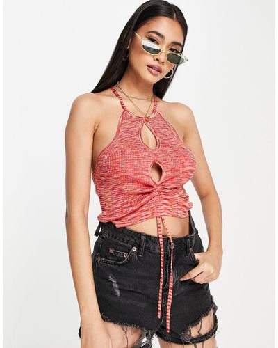 ASOS Knitted Crop Top With Ruching And Cut Out Front Detail - Red