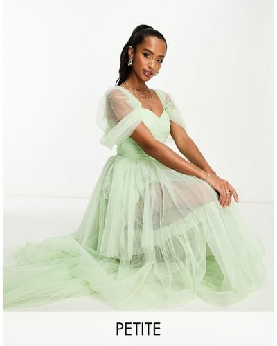 LACE & BEADS Exclusive Off Shoulder High Low Tulle Maxi Dress - Green