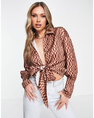 Missguided Co-ord Tie Front Shirt - Brown
