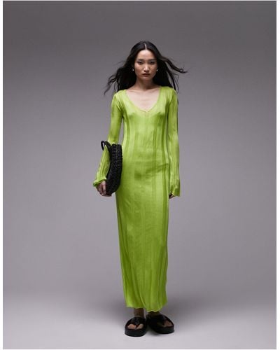 TOPSHOP Knitted Long Sleeve Sheer Dress - Green