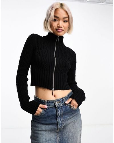 Reclaimed (vintage) Zip Up Cropped Cable Knit Jumper - Black