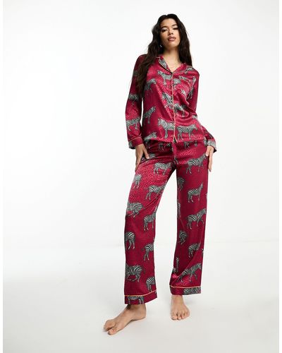 Chelsea Peers Christmas Satin Zebra Print Button Top And Trouser Pajama Set - Red