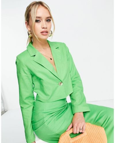 Y.A.S Exclusive Tailored Cropped Linen Blazer - Green