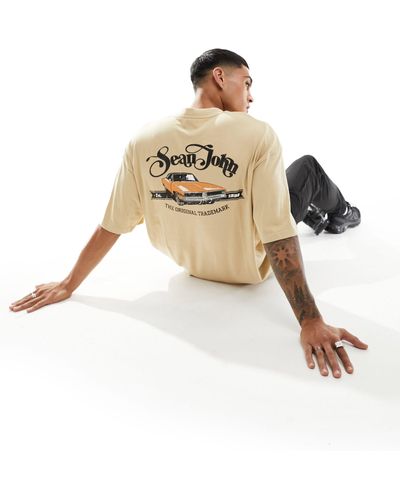 Sean John T-shirt à inscription et imprimé voiture rétro au dos - beige - Métallisé