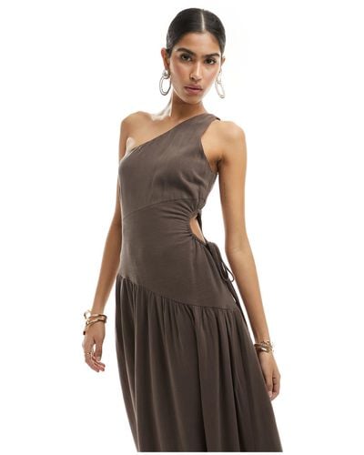 4th & Reckless Linen Mix One Shoulder Dropped Hem Side Cut Out Midaxi Dress - Brown