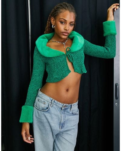 Reclaimed (vintage) Inspired Chenille Cardigan With Fur Trim - Green
