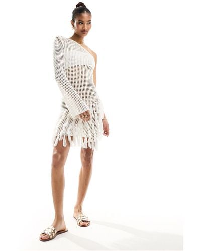 In The Style Crochet One Sleeve Fringe Detail Mini Dress - White