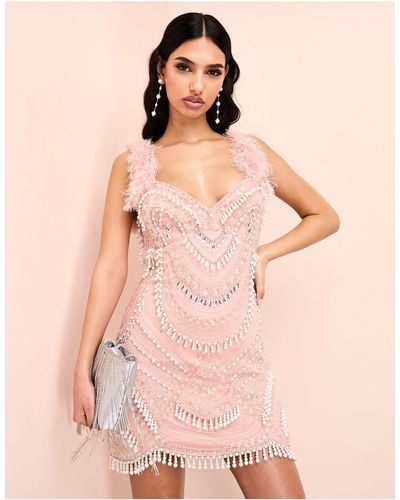 ASOS Encrusted Mini Dress With Faux Pearl Embellishment And Faux Feather Straps - Pink