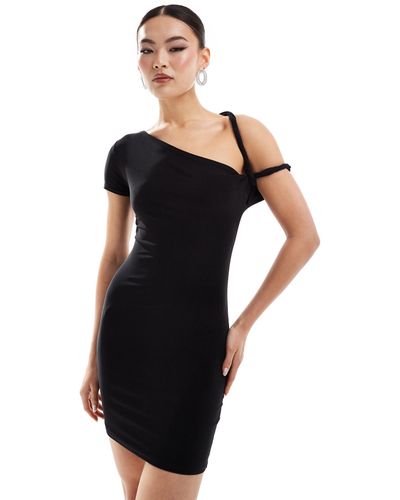Missy Empire Slinky One Sleeve Twist Strap Bodycon Mini Dress - Black