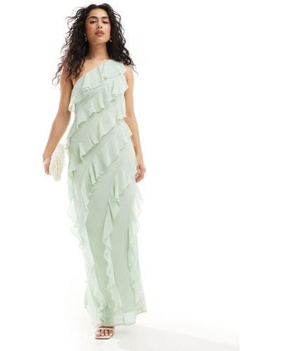 TFNC London Bridesmaids Chiffon One Shoulder Maxi Dress With Frills - Green