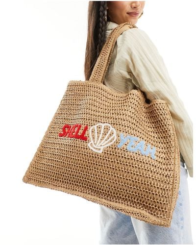 South Beach Shell Yeah Embroidered Woven Shoulder Tote Bag - Natural