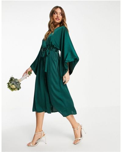 TFNC London Bridesmaid Kimono Sleeve Satin Wrap Midi Dress - Green
