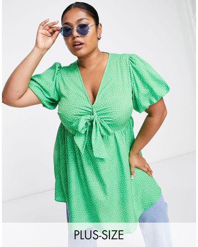 Yours Tie-front Polka Dot Short Sleeve Top - Green