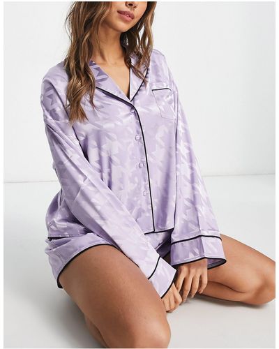 ASOS Mix & Match Satin Dogtooth Jacquard Pyjama Shirt - Purple