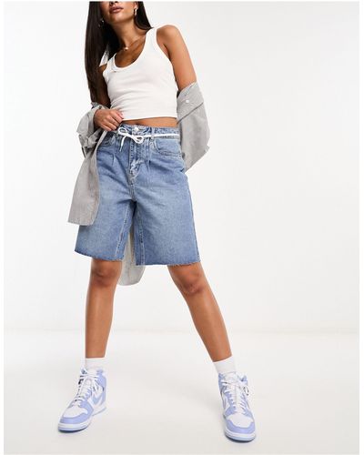 Vero Moda Longline Denim Shorts With Raw Hem - Blue