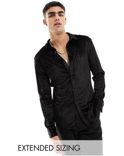 ASOS Skinny Crushed Velvet Shirt With Concealed Placket - Black