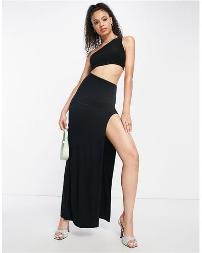 Femme Luxe One Shoulder Front Split Maxi Dress - Black