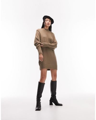 TOPSHOP Knitted Crew Neck Dress - Natural