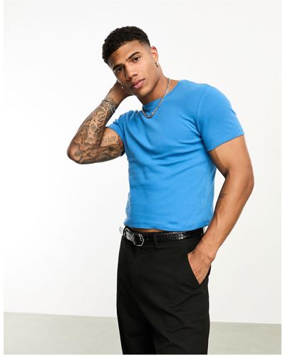 ASOS Geribbeld Cropped Muscle Fit T-shirt Met Ronde Hals - Blauw