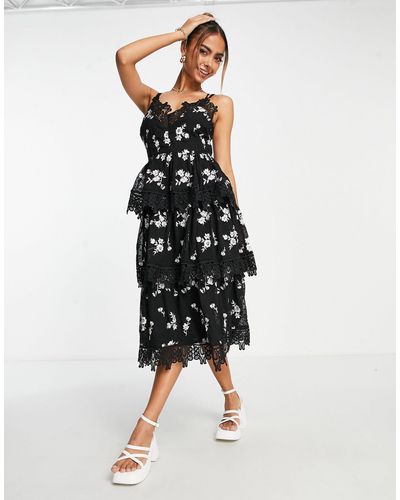 Just Me Cami Lace Triered Midi Dress - Black