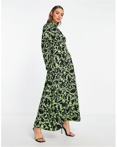 Y.A.S Vestito lungo accollato verde con stampa a fiori