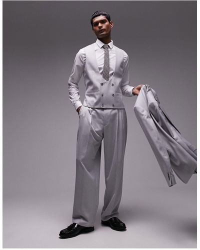 TOPMAN Wide Leg Linen Suit Trouser - Gray
