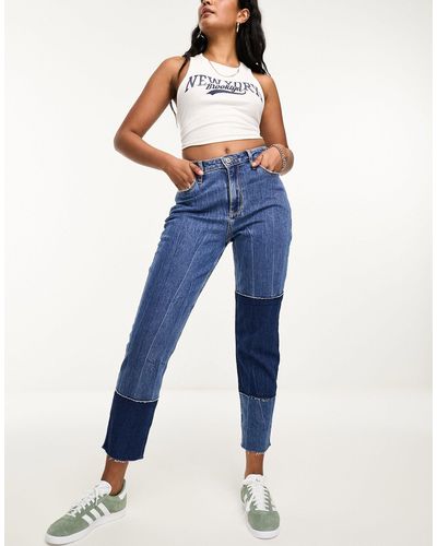 Hollister Mom jeans medio con motivo patchwork - Blu