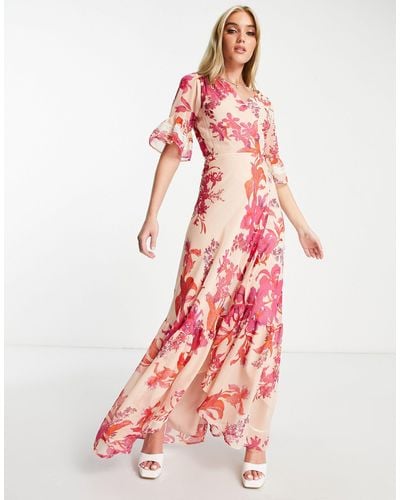 Hope & Ivy Flutter Sleeve Wrap Maxi Dress - Pink