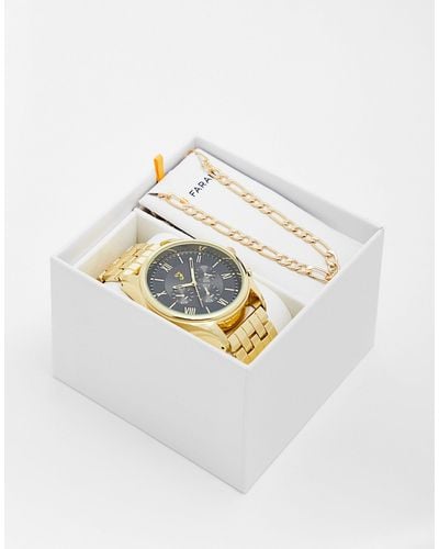 Farah Chunky Link Strap Watch And Figaro Chain Necklace Gift Set - White