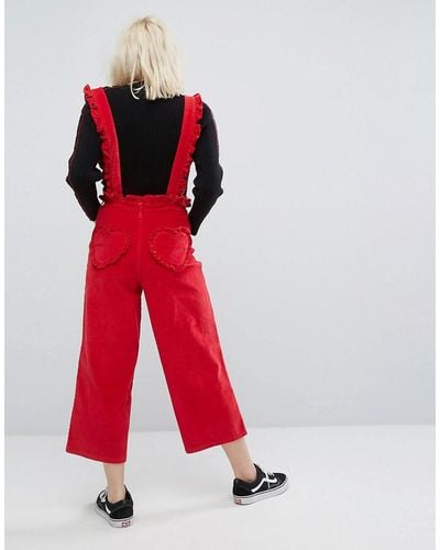 Lazy Oaf Frilly Suspender Dungaree Trousers - Red