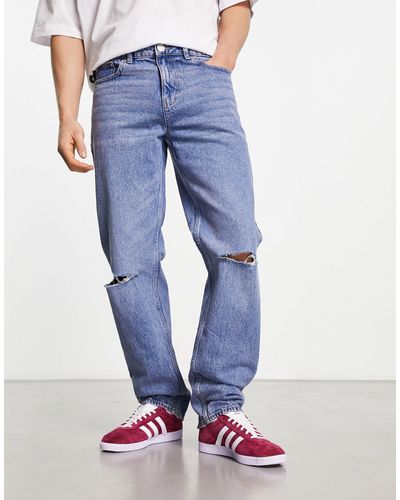 New Look Jeans dritti con strappi sulle ginocchia lavaggio medio anni '90 - Blu