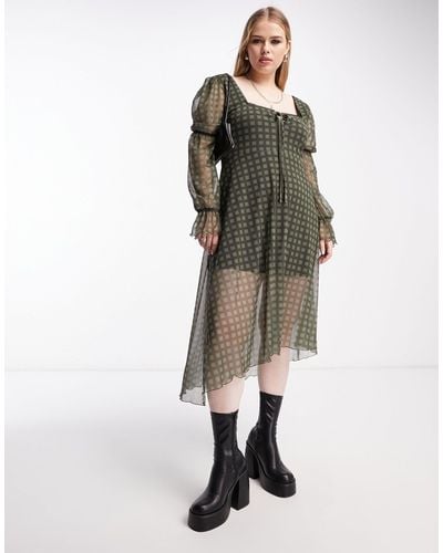 Reclaimed (vintage) Plus - robe mi-longue en tulle à manches longues et imprimé vichy - kaki - Multicolore