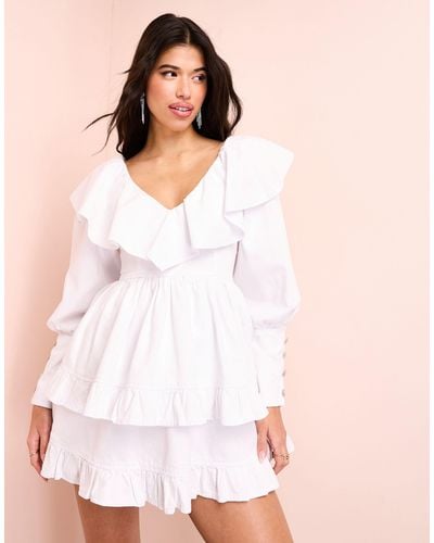 ASOS Denim Ruffle Plunge Tiered Mini Dress With Diamante Buttons - Pink