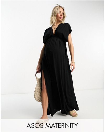 ASOS Asos Design Maternity - Maxi-strandjurk Met Fladdermouwen En Aangerimpelde, Gestrikte Taille - Zwart