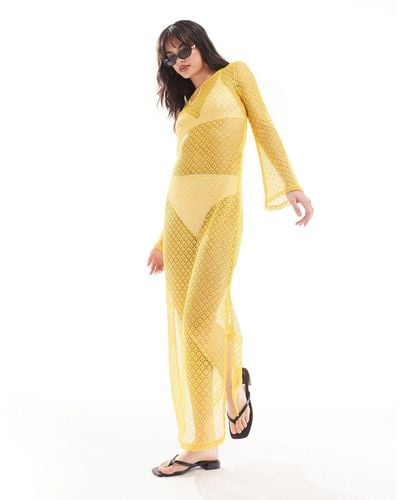 Something New Styled By Claudia Bhimra Sheer Crochet Low Tie Back Maxi Dress - Metallic