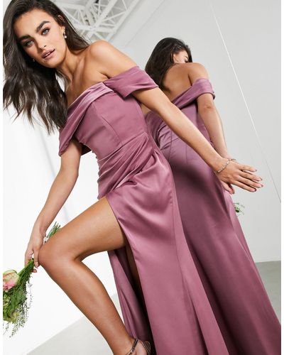 ASOS Bridesmaid Satin Bardot Drape Wrap Maxi Dress - Multicolour