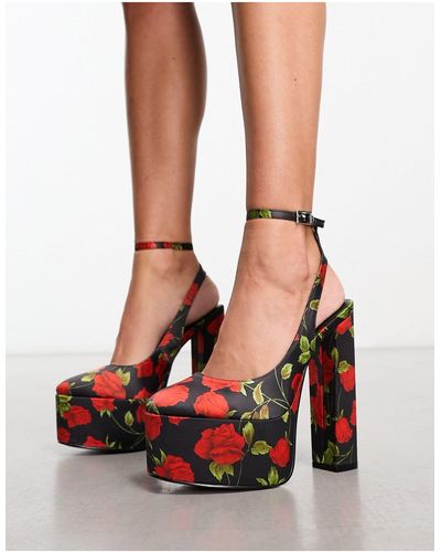 ASOS Porter - chaussures à talon haut et semelle plateforme - et rouge fleuri - Noir