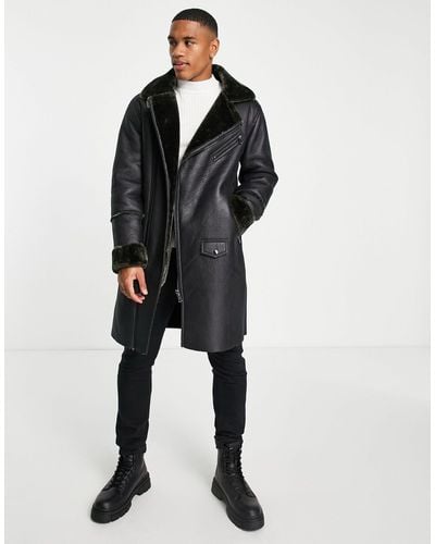 Urbancode Longline Aviator Jacket With Faux Fur Trim - Black