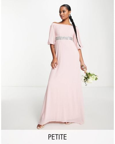 TFNC London Bardot Chiffon Maxi Dress With Embellished Waist - Pink