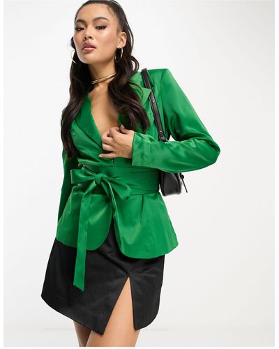 UNIQUE21 Belted Corset Satin Blazer Co Ord - Green