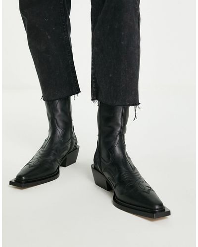 TOPSHOP Ariel Premium Leather Stitched Western Boots - Black