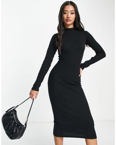 Pull&Bear Funnel Neck Long Sleeve Jersey Midi Dress - Black