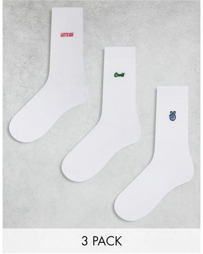 ASOS Confezione da 3 paia di calzini bianchi con ricamo "let's go", "cool" e segno della pace - Bianco