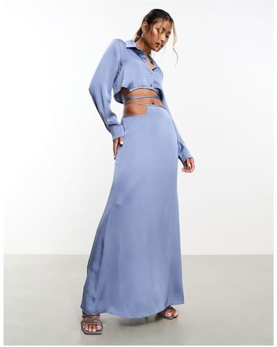 Aria Cove Satin Open Tie Side Maxi Skirt Co-ord - Blue