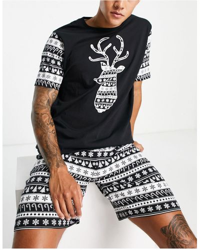 Brave Soul Reindeer Fairisle Short Pajama Set - Black