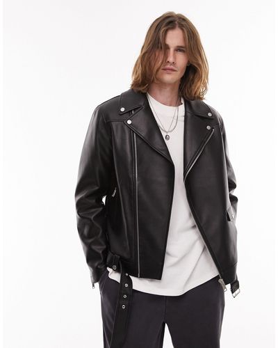 TOPMAN Faux Leather Belted Moto Jacket - Black